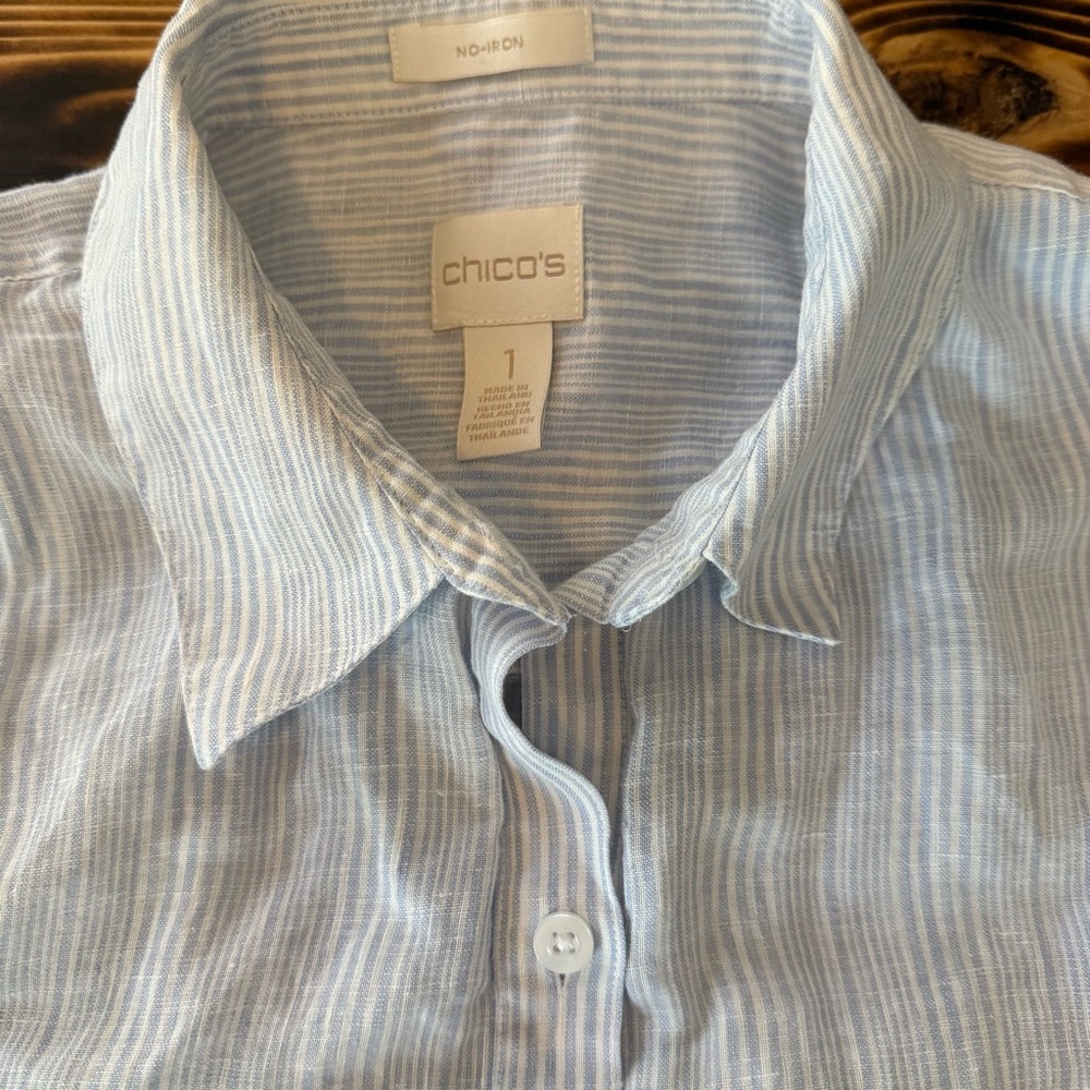 Chico’s No Iron 100% Linen Button Down Coastal Resort Wear Size 1 3/4 Sleeve